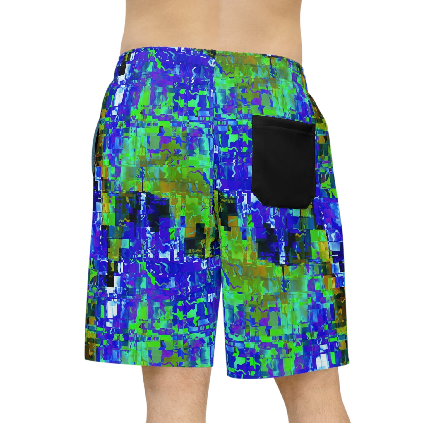 Vibrant Athletic Long Shorts - Abstract Green and Blue Print