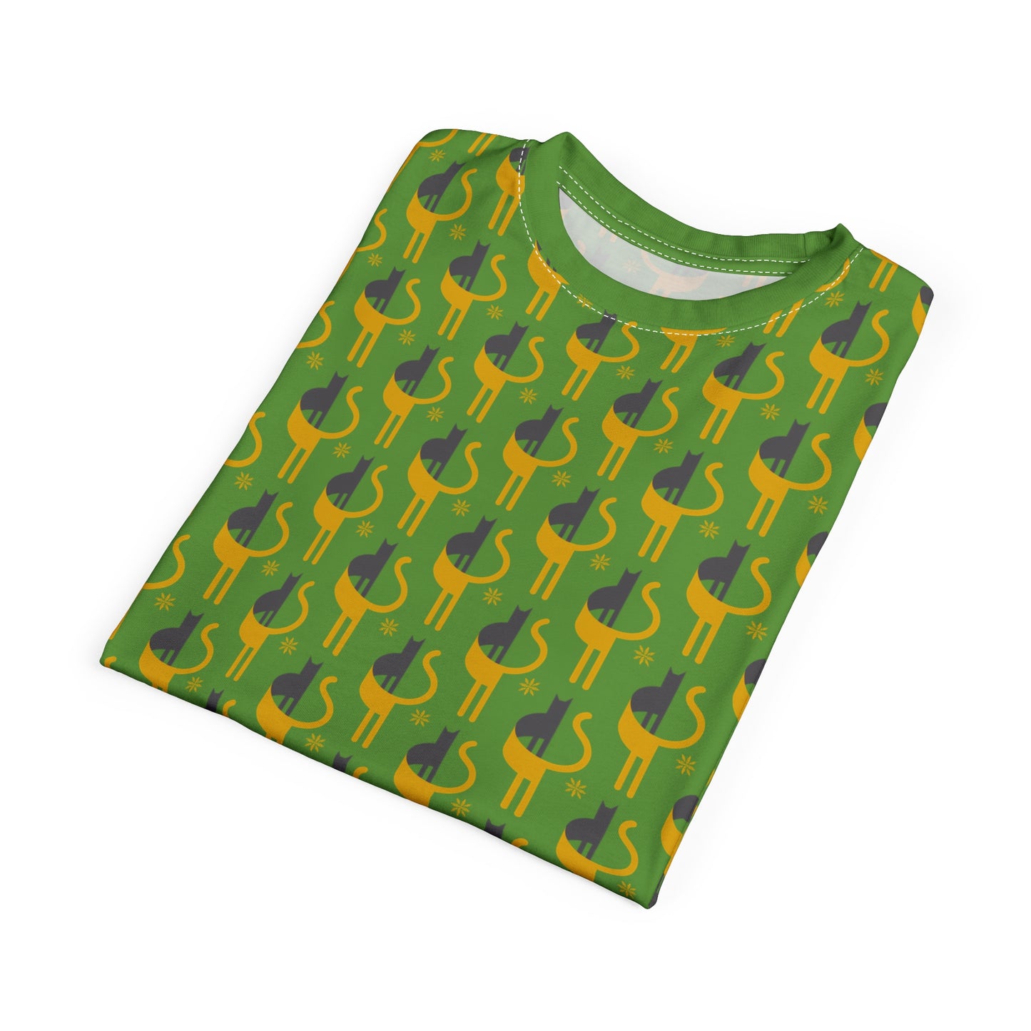 Playful Unisex Cut & Sew Tee for Fun Occasions - Green Pattern with Flat Cat Design