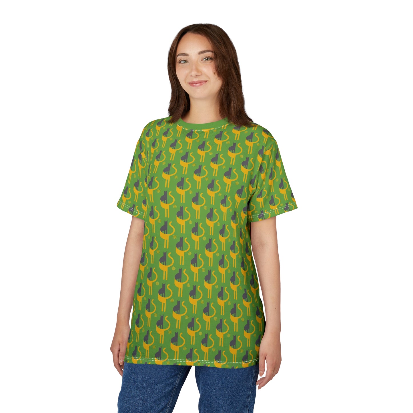 Playful Unisex Cut & Sew Tee for Fun Occasions - Green Pattern with Flat Cat Design