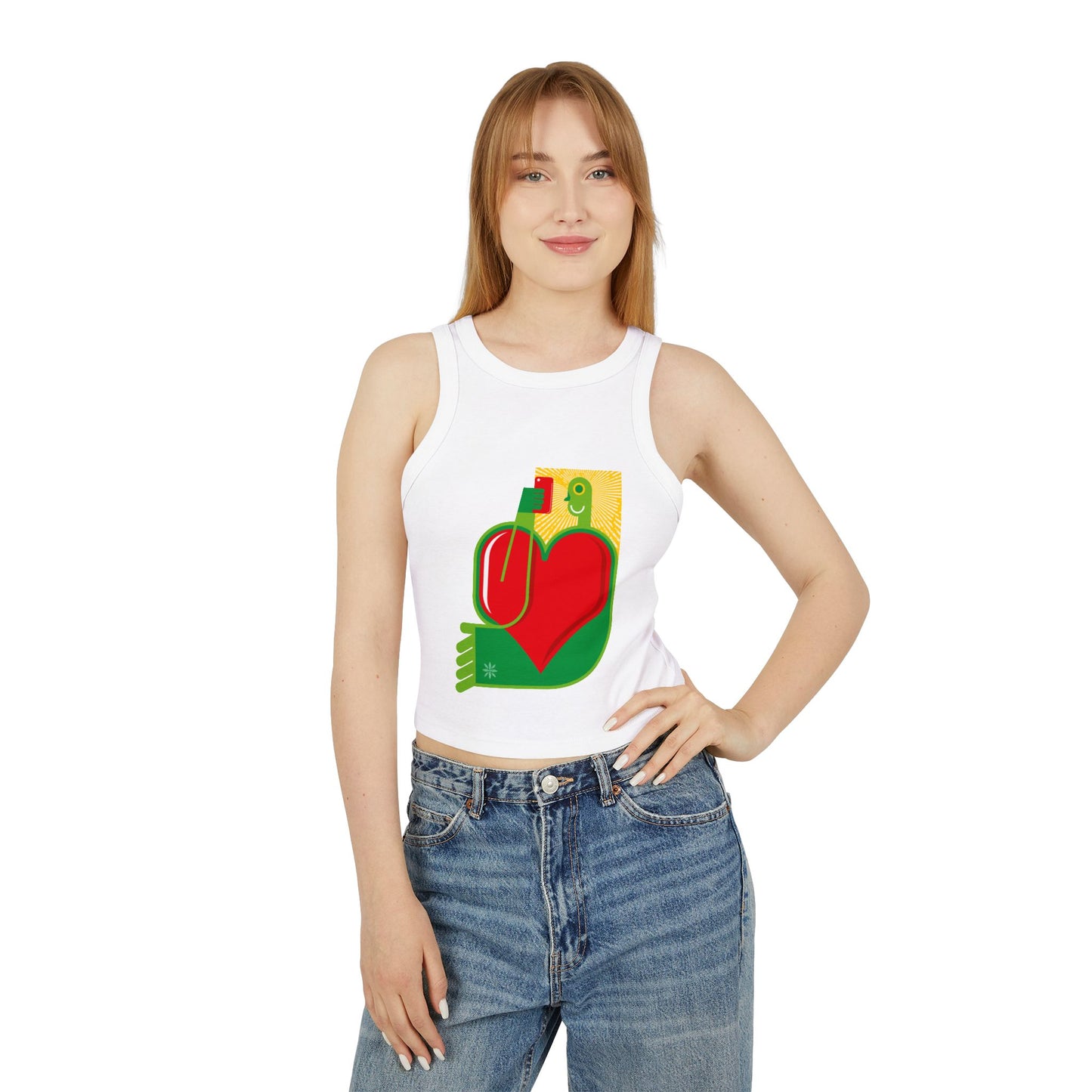 Trendy Women's Micro Rib Racer Tank Top with Colorful Heart Design - Perfect for Summer and Casual Outings