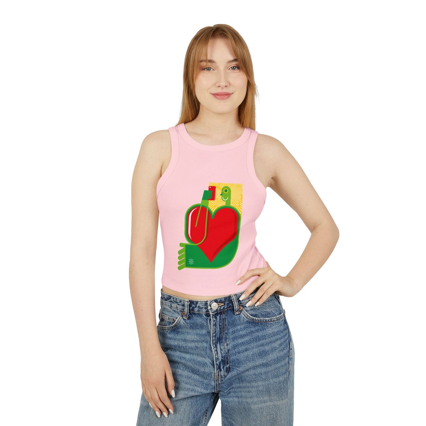 Trendy Women's Micro Rib Racer Tank Top with Colorful Heart Design - Perfect for Summer and Casual Outings