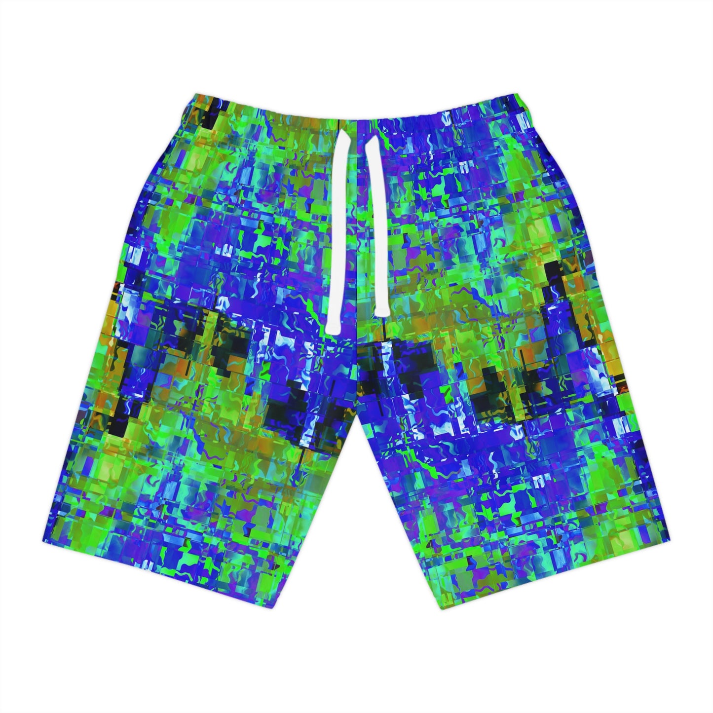 Vibrant Athletic Long Shorts - Abstract Green and Blue Print
