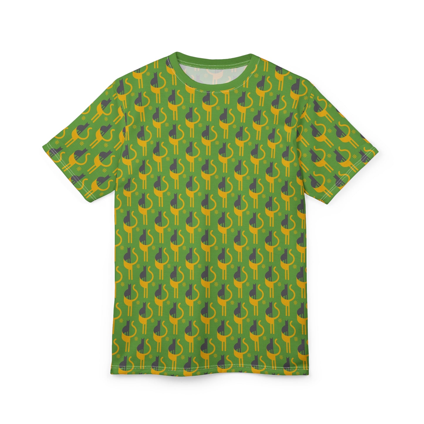 Playful Unisex Cut & Sew Tee for Fun Occasions - Green Pattern with Flat Cat Design