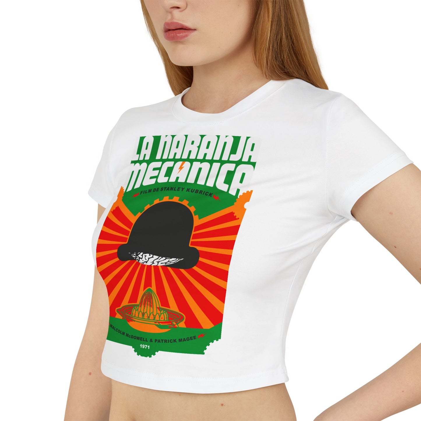 Retro Film-Inspired Women's Baby Tee - A Clockwork Orang Design