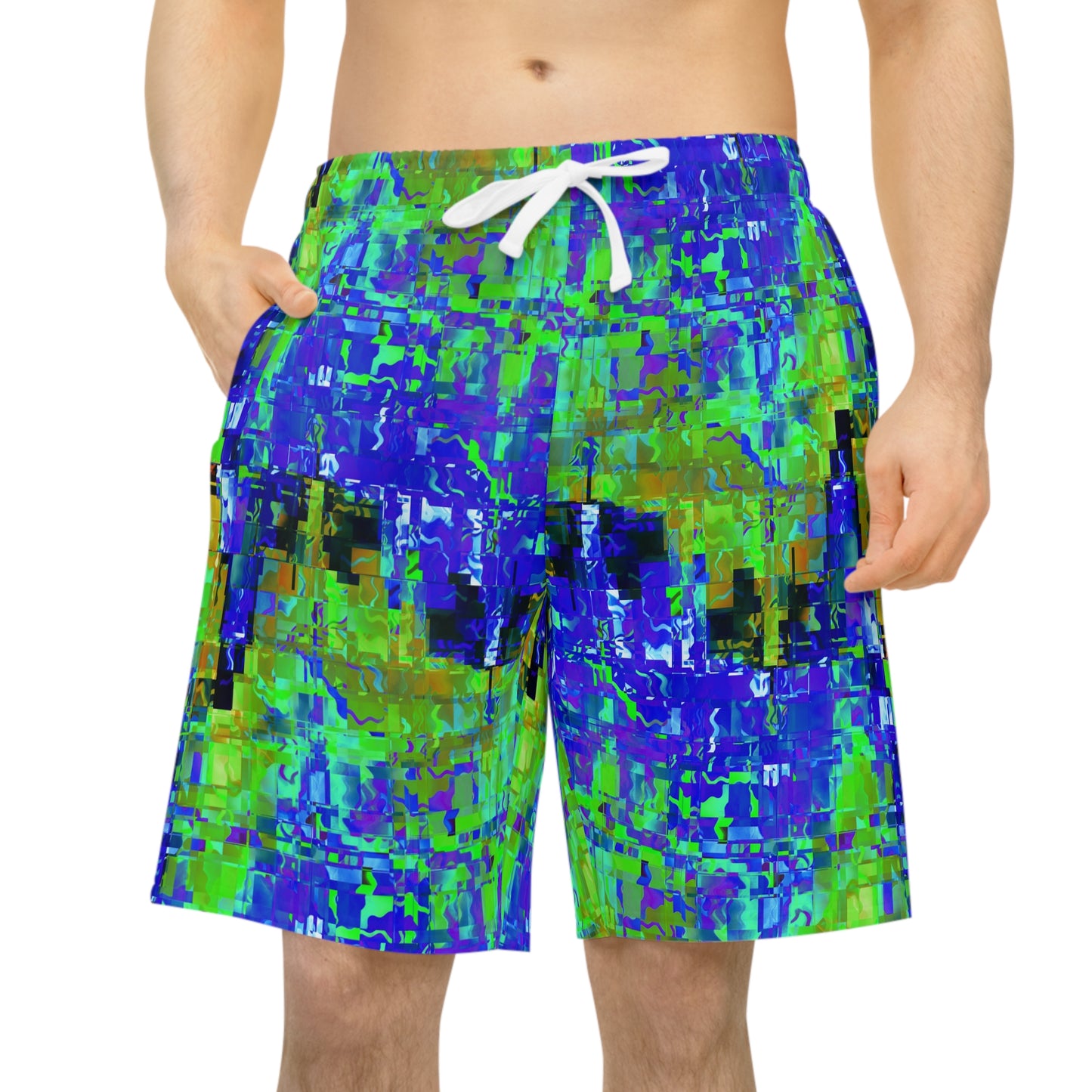 Vibrant Athletic Long Shorts - Abstract Green and Blue Print